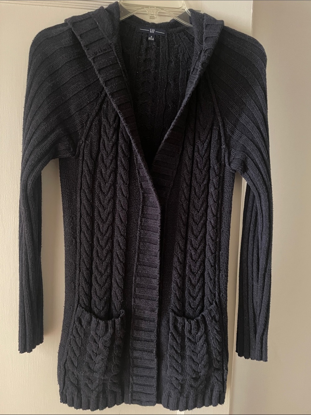 GAP Navy Cable Knit Hooded Cardigan with Front Pockets